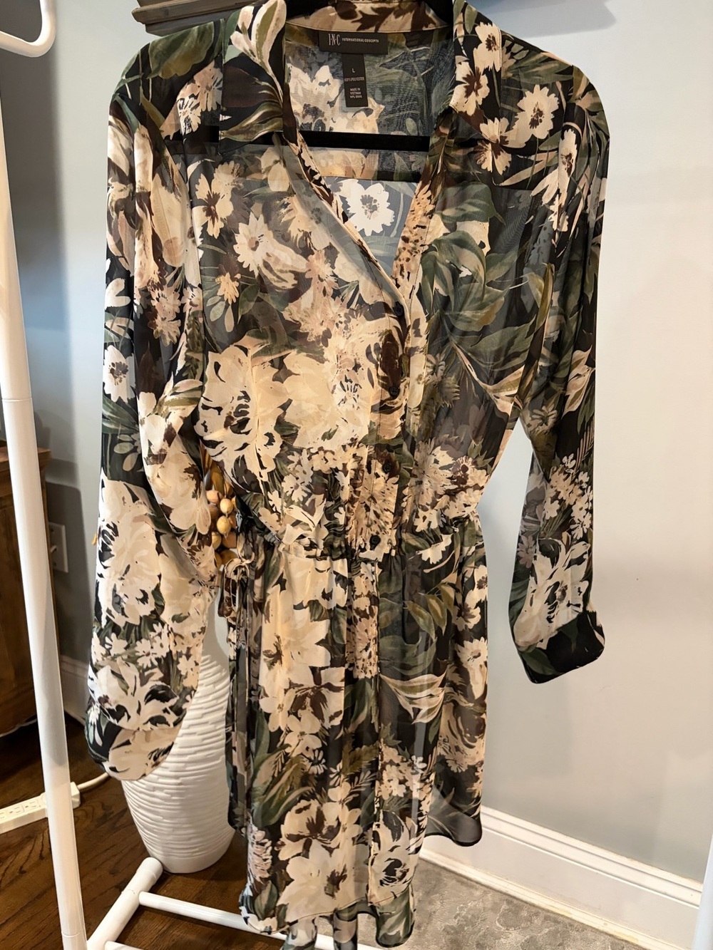 INC International Concepts Olive Green V-duster shirt dress size large